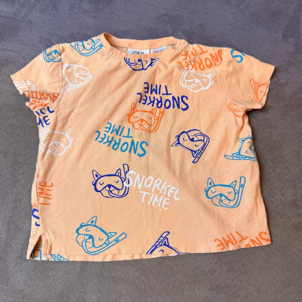 Zara Baby T Shirt Graphic Tee 6-9 Months Boy Girl Snorkel Time Orange